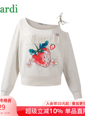 MARDI斜肩草莓印花套头卫衣女露肩宽松设计时尚百搭休闲长袖上衣