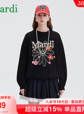MARDI小雏菊卫衣女士时尚圆领新款宽松休闲百搭长袖上衣黑色少女