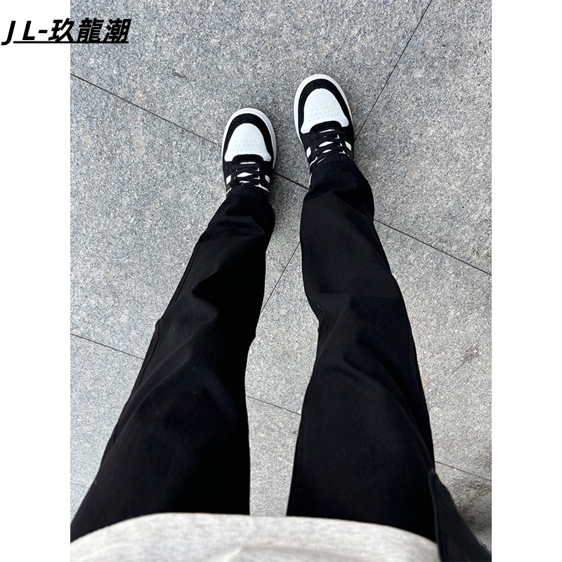 黑色广州新塘牛仔裤男春秋美式高街裤子cleanfit修身弹力直筒长裤