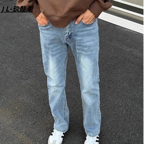 春秋浅蓝色直筒牛仔裤男弹力轻奢时尚简约百搭vibe潮流显瘦长裤男