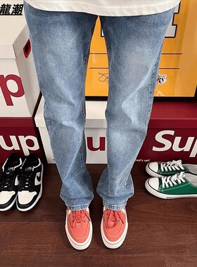 cleanfit浅蓝色牛仔裤男美式高街直筒裤男提档修身显瘦窄版长裤男