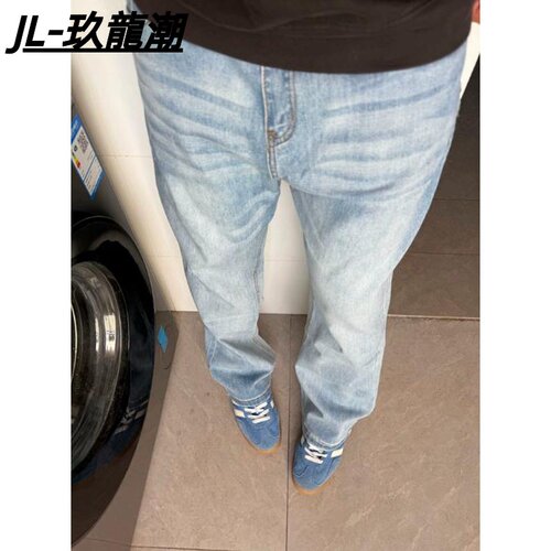 春秋水洗牛仔裤子男女通勤情侣美式直筒修身显瘦窄版弹力高街长裤