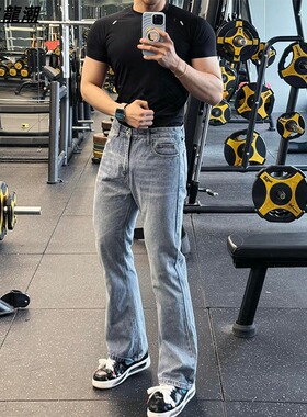 春秋浅蓝色弹力直筒水洗牛仔裤男修身美式高街裤子中腰显瘦长裤男