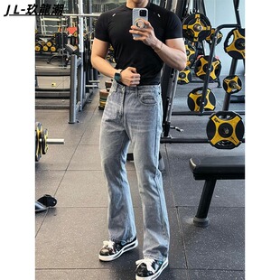 子中腰显瘦长裤 春秋浅蓝色弹力直筒水洗牛仔裤 高街裤 美式 男 男修身