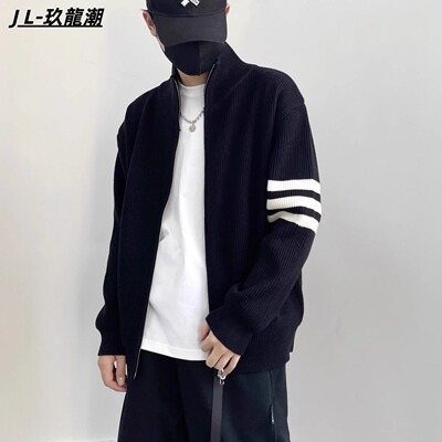 拉链开衫毛衣男款秋冬季加厚保暖美式休闲bf慵懒风拼色长袖外套男