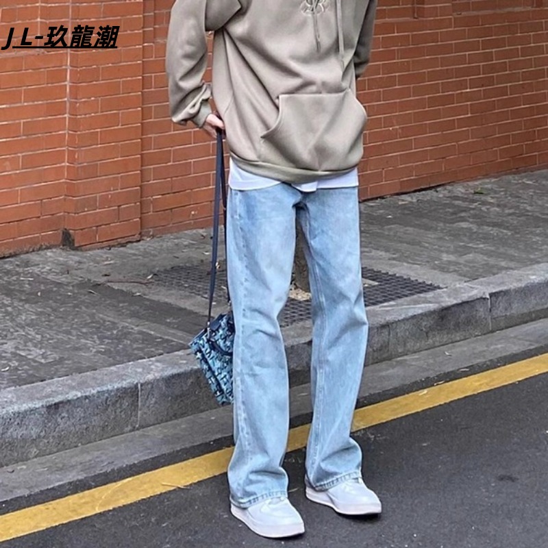 春秋季浅蓝色美式vibe牛仔裤男款高街痞帅裤子修身弹力直筒长裤男