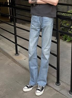 春夏浅蓝色直筒牛仔裤男ootd弹力裤子美式高街vibe显瘦修身长裤男