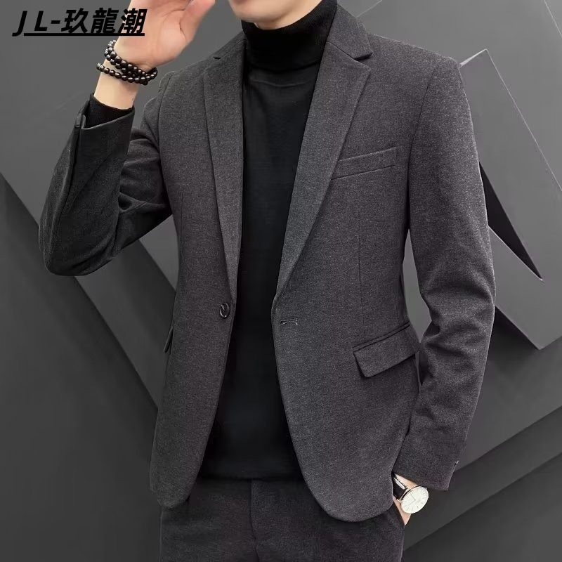 秋冬新款毛呢西服男休闲纯色青年轻奢西装男韩版高级感上衣外套男