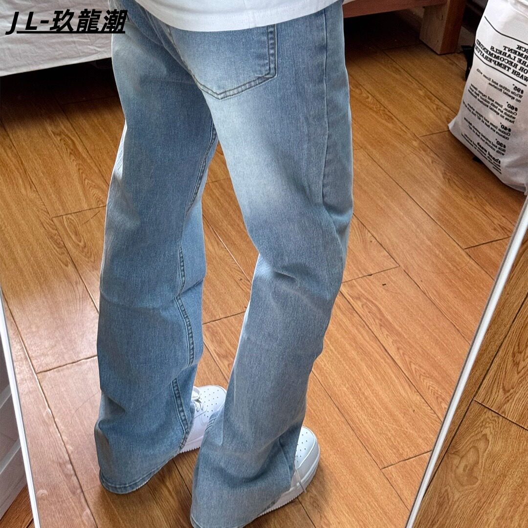 cleanfit浅蓝色直筒牛仔裤男款提档修身显瘦美式高街弹力长裤子男