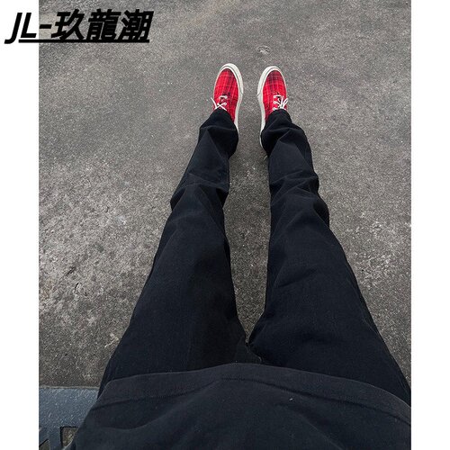 水洗黑色直筒牛仔裤男春秋ootd修身显腿长裤子男窄版显瘦弹力长裤