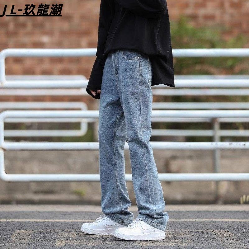 浅蓝色美式复古水洗修身牛仔裤男春秋窄版潮牌弹力直筒裤高街长裤,男装,牛仔裤,淘宝优惠券,粉丝福利购,淘宝优惠卷