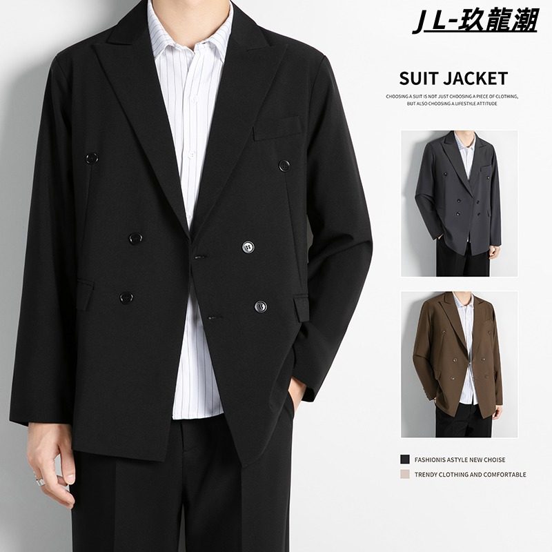 轻熟风双排扣垫肩小西服男士痞帅高级感休闲春秋西装轻奢外套修身