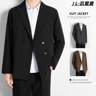 轻熟风双排扣垫肩小西服男士痞帅高级感休闲春秋西装轻奢外套修身