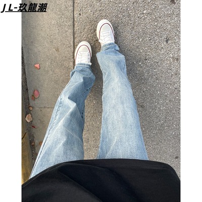 浅蓝色修身直筒牛仔裤男款秋冬美式复古直筒裤高级感潮牌显瘦长裤