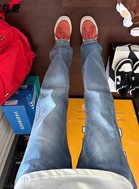 水洗浅蓝色春秋牛仔裤男ootd穿搭显瘦修身裤子美式高街弹力直筒裤
