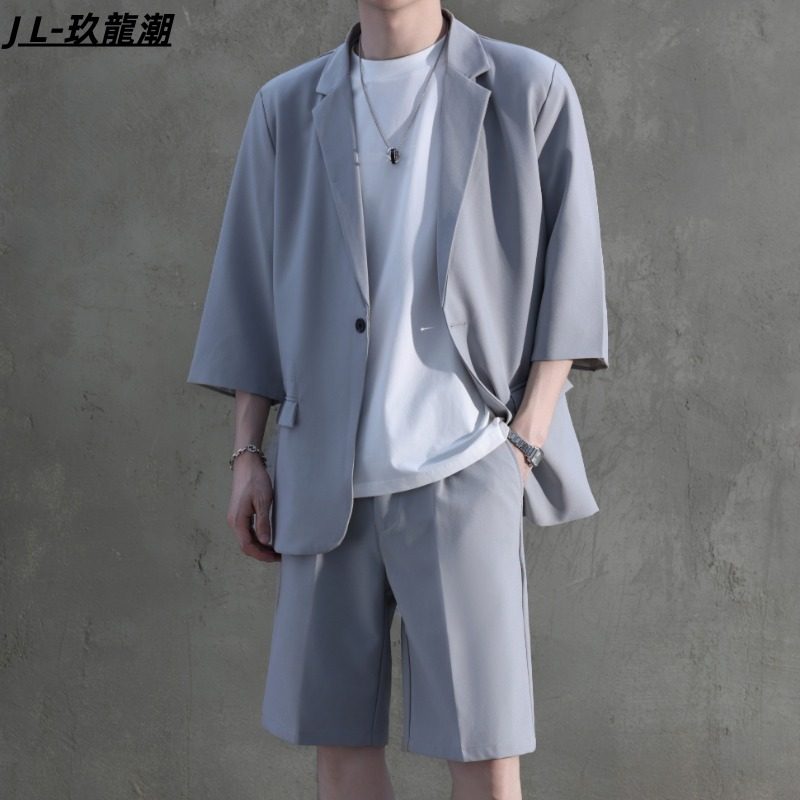 夏季薄款西服套装男休闲宽松轻熟风男装帅七分袖中袖小西装外套潮