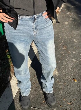 春秋浅蓝色直筒牛仔裤男款水洗做旧修身显瘦cleanfit美式长裤子男