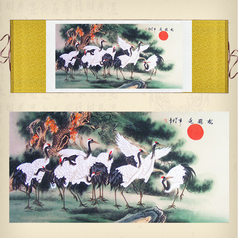 国画横幅松鹤延年丝绸画仙鹤松树祝寿卷轴画客厅办公室装饰画挂画