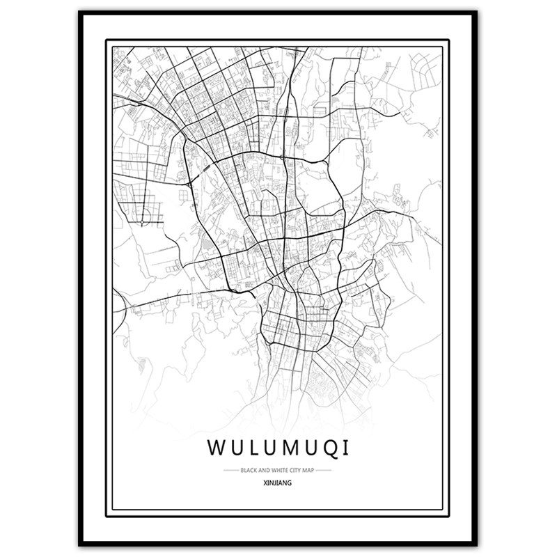 新疆乌鲁木齐艺术创意线描黑白城市地图装饰画民宿挂画餐厅画定制图片