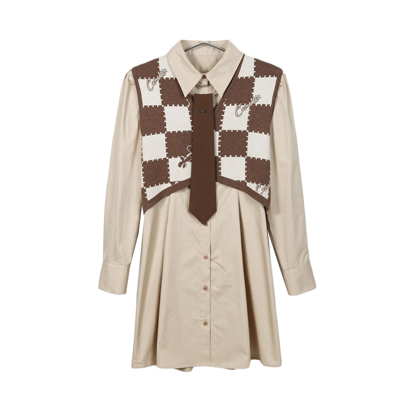 春秋衬衫格纹两件式连衣裙清仓