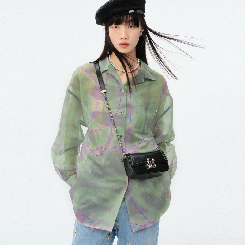 纹样长袖衬衫渐变印花衬衣