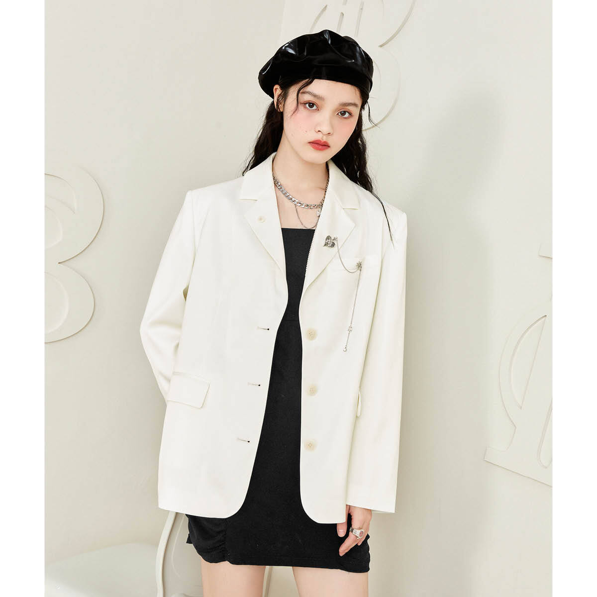 长款纯色单西外套缎面西装鸟撤柜