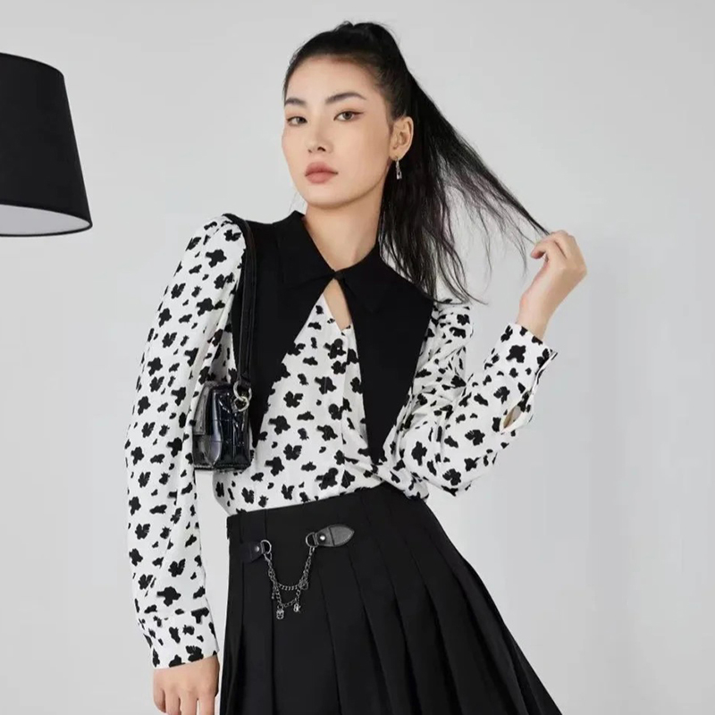 高端小资小上衣可脱卸领满印衬衫