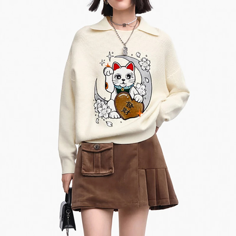 一线大品牌撒柜清仓透气亲肤羊毛套头针织衫女贴布绣纹样线衫Z356