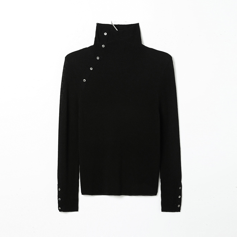 鸟撤柜剪标高领黑色羊毛衫