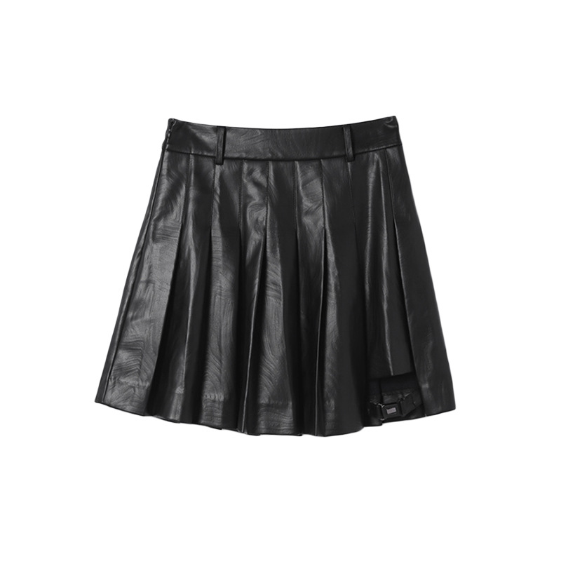 高端休闲黑色半身裙PU百褶半裙子
