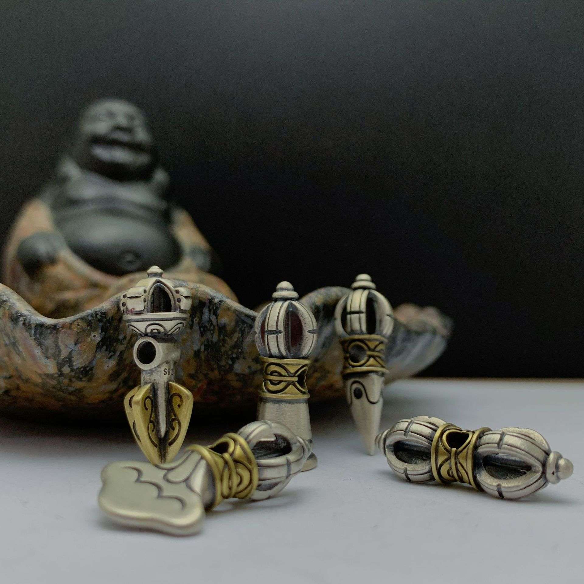 三口千银 S925银金刚铃杵编织计数器配件复古金刚镢钺工厂