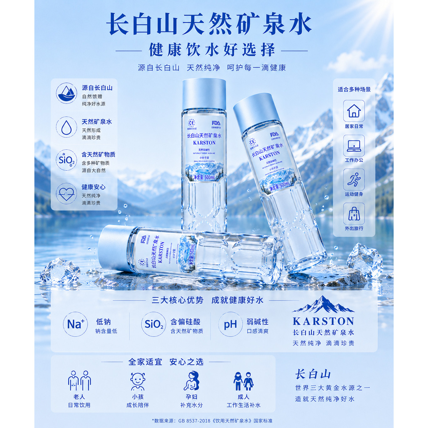 长白山弱碱小分子低钠偏硅酸纯天然饮用小瓶500ml*12瓶 1 箱
