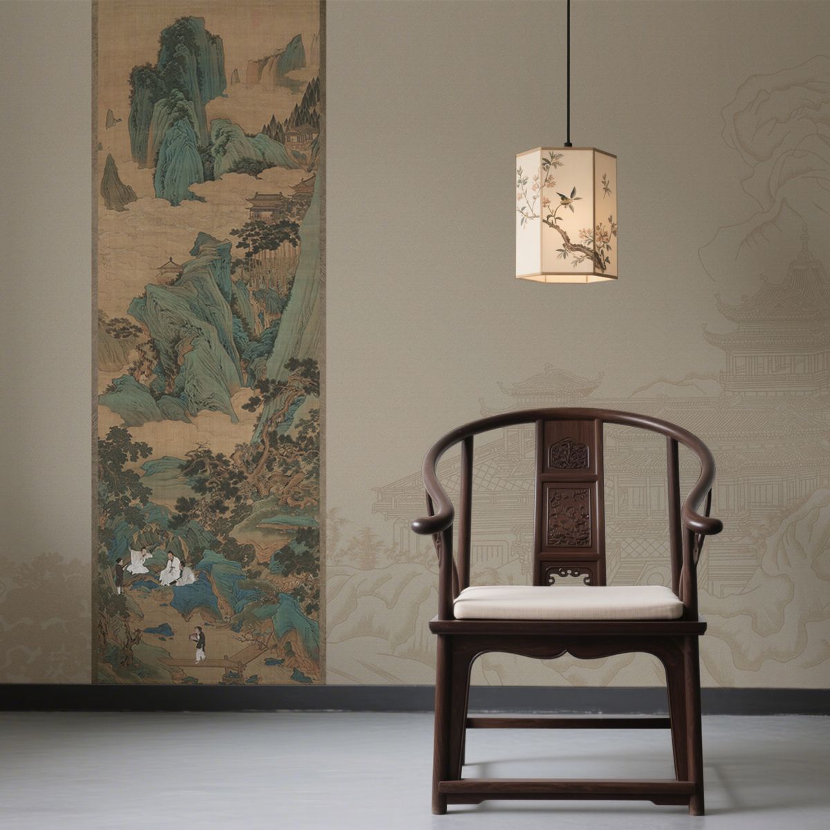 宋氏美学茶室书房定制壁画国画山水拼色客厅卧室电视背景墙布壁纸