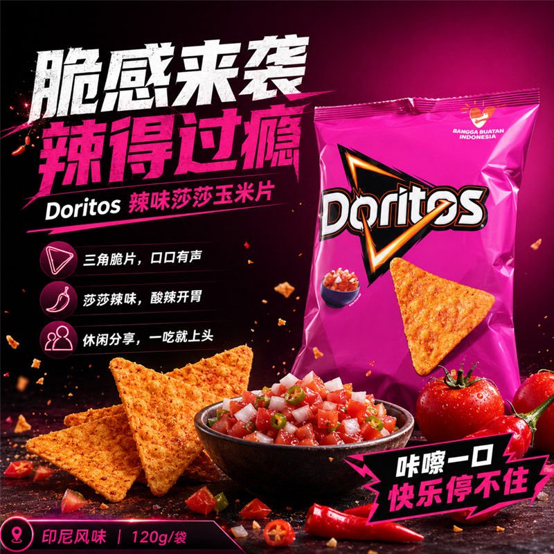 多力多滋辣味莎莎玉米片原装进口膨化食品120g袋装休闲零食