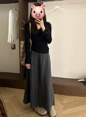 深灰色遛弯半身裙女春秋2025新款高腰显瘦a字裙中长款针织包臀裙