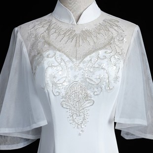 年会礼服裙 中袖 中国风高端晚礼服拖尾白色长款 走秀演出服鱼尾修身