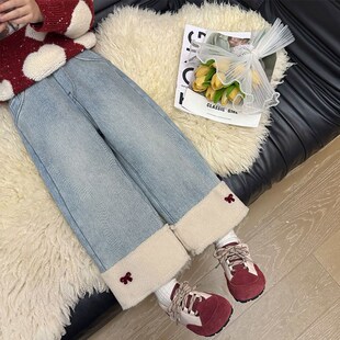 女童牛仔裤子秋冬款2024新款儿童冬季加绒卷边新年宝宝加厚直筒裤