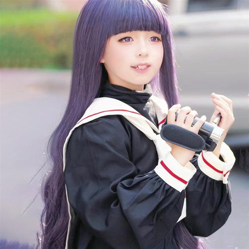 儿童假发知世cos长卷发紫色邻家女孩空气刘海二次元节日风全头套