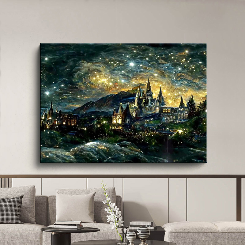 梵高星空diy数字油画填充填色欧式城堡手工手绘油彩画高级感挂画