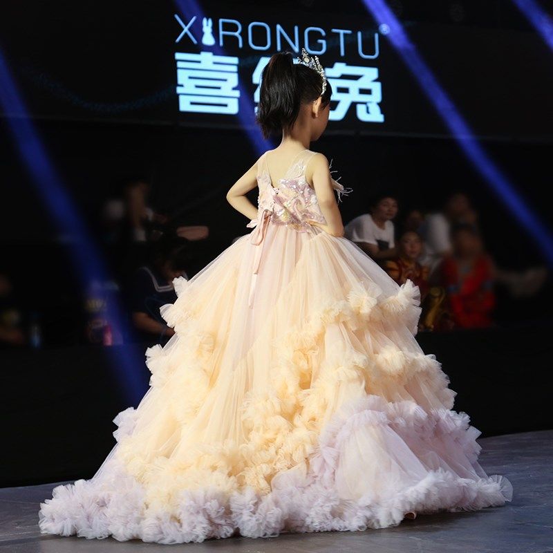 高端女童礼服粉色舞台晚会小主持人走秀钢琴演出服儿童生日花童裙