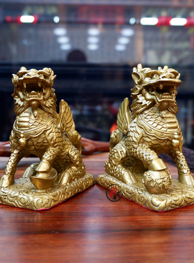 铜麒麟摆件一对大小号客厅卧室店铺招财鎮宅纳福家居客厅店铺装饰