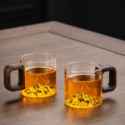 木把喝茶杯耐热玻璃喝水杯防烫透明小茶杯功夫品茗杯观山个人杯子