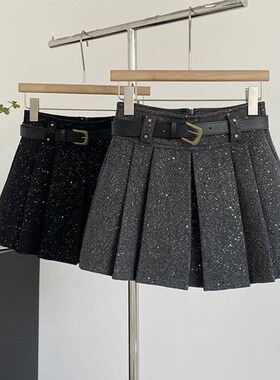 灰色亮片毛呢高腰短裙女20245秋冬新款闪闪加厚呢子半身百褶裙子