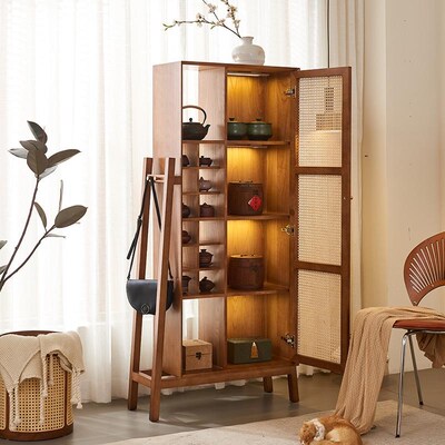 茶室藤编实木家具博古架茶杯茶具收纳柜多宝阁陈列柜置物柜展示柜
