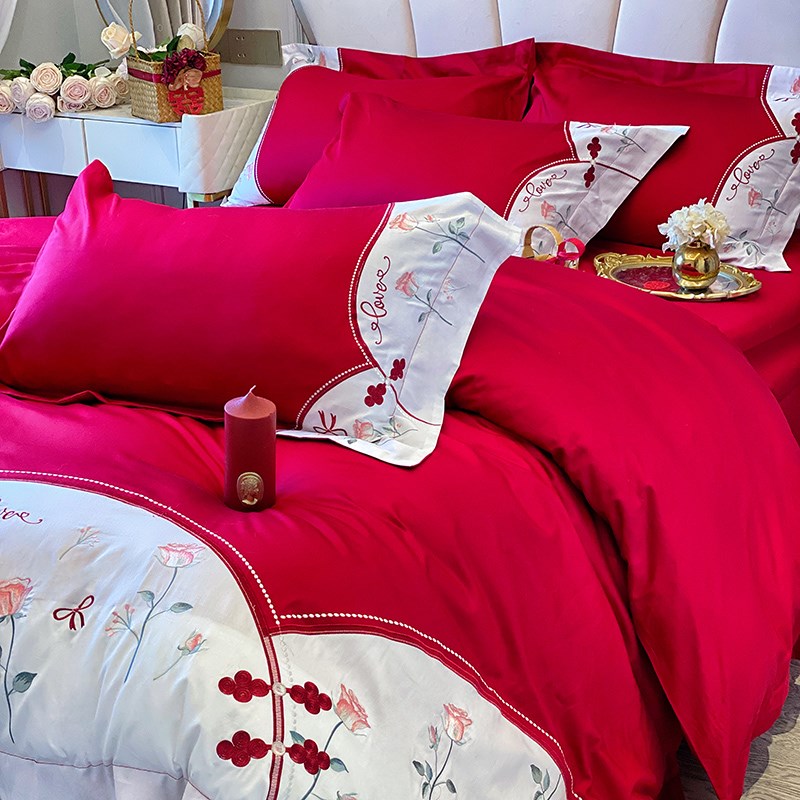 浪漫婚庆100S结婚四件套红色床单新疆棉全棉拼接被套女方陪嫁婚房