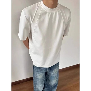 夏季新款正肩短袖男款重磅纯棉300G美式cleanfit拼接螺纹T恤上衣