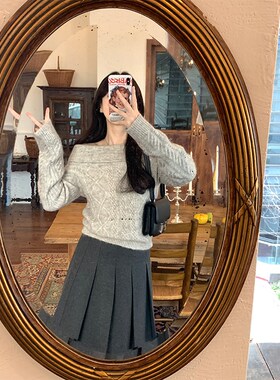 VASSE美蟹灰色高腰羊毛百褶a字半身裙子女温柔少女小个子短裙中裙