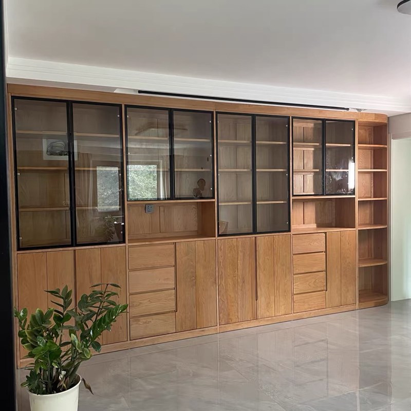 定制客厅满墙书架日式原木去客厅化樱桃木黑胡桃木书柜带卡座书柜