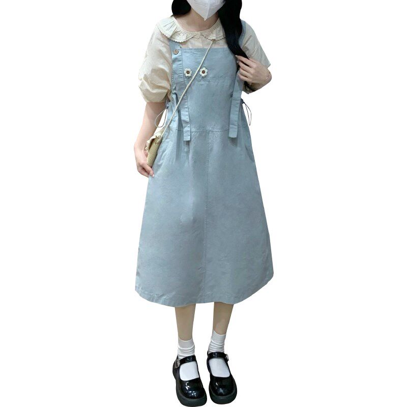 初中女生背带连衣裙夏季套装裙子高中学生娃娃领T恤小清新中长裙