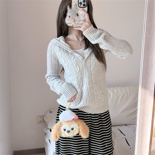 美式 上衣女bm秋冬新款 打底毛衣 针织衫 BM灰色麻花纽扣翻领长袖